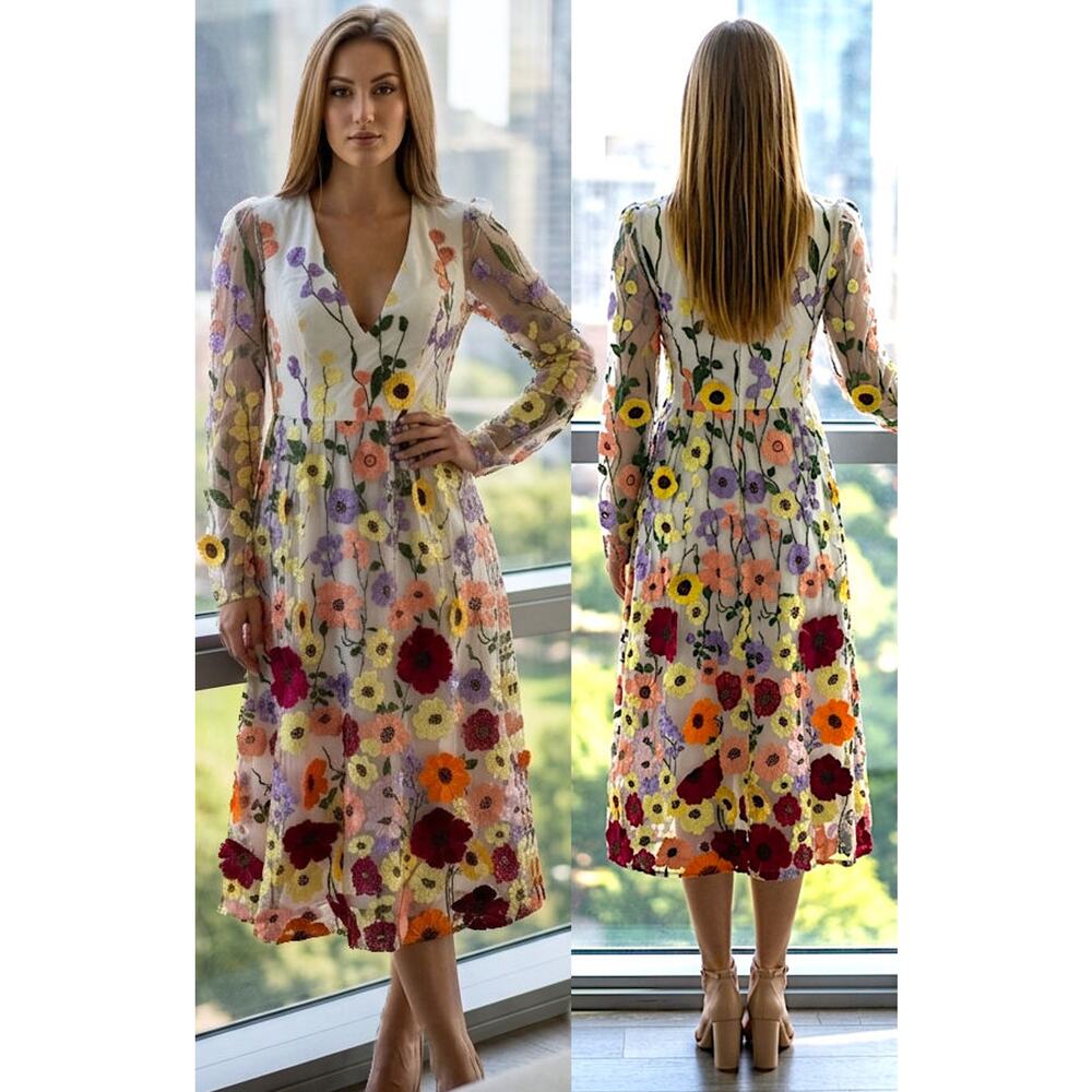 Lulus White 3D Floral Embroidered Front Back Blossom Midi Dress Size S NEW - Picture 3 of 14